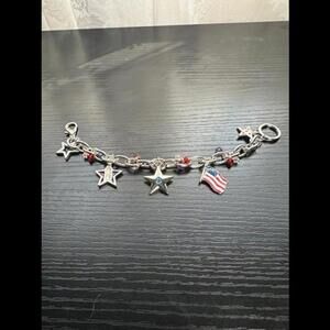 Patriotic USA Charm Bracelet - Stars & Flag Silver Chain with Red, White & Blue